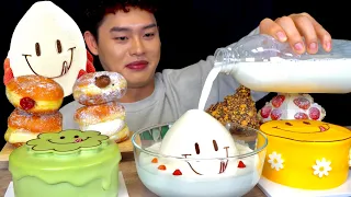 ASMR 노티드 수혈🌡️크림가득 스마일 케이크 크림도넛 크림크로플 디저트 먹방! Green Tea Cream Cake Cream Doughnut With Milk MuKbang!