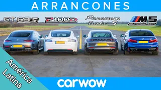 Tesla Model S v AMG GT 4 v BMW M5 v Porsche Panamera Turbo S - ARRANCONES, CARRERA EN MOV. Y FRENADO