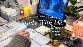2-HR STUDY WITH ME 📖🌧️ relaxing rain / pomodoro 50/10 🎹 with calm piano break