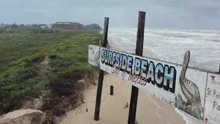 9-21-2020 Surfside Beach, Tx Tropical Storm Beta surge destroys road, flooding, beach erosion, drone