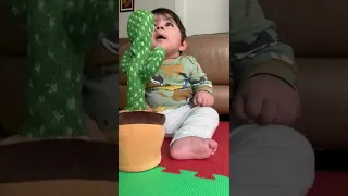 Baby playing with cactus toy.