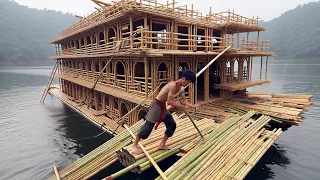 A Man Builds Floating Bamboo House On Lake Alone In Hot Weather, Like A Cruise Ship#houseboat