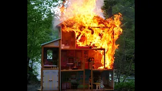 Roaring fire attacks barbies in a burning dollhouse