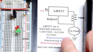 Quick LM317 wired as a current source circuit schematic to breadboard build by electronzap