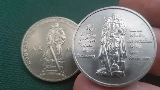 Монета 20 лет Победы 1 рубль 1965 года и 40 лет Победы 10 марок ГДР 1985 года Сравнительный обзор