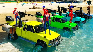 Hombre araña en Camionetas 4x4 sobre el agua - spider man in 4x4 truck challenge on water