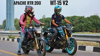 Tvs Apache 200 4v vs Yamaha Mt-15 v2 || what an amazing drag race 🔥🔥||