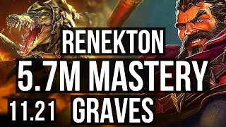 RENEKTON vs GRAVES (MID) | 5.7M mastery, 1300+ games, 7/3/8 | KR Master | v11.21