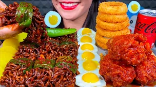 ASMR GREEN ONION KIMCHI WRAPPED BLACK BEAN NOODLES, FRIED CHICKEN, EGGS MASSIVE Eating Sounds