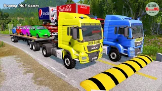 Double Flatbed Trailer Truck cars vs rails tractor vs train cars vs bollards Beamng Drive 409