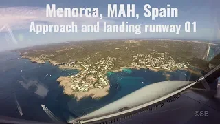 Menorca, Spain: Visual approach + landing rwy 01. MAH / LEMH. Cockpit view A320.  With ATC +ATIS. 4k