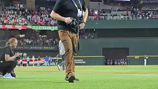 Ian Kinsler Derek Holland Ceremonial first pitch ALCS game 3 Texas Rangers v Houston Astros 10/18/23