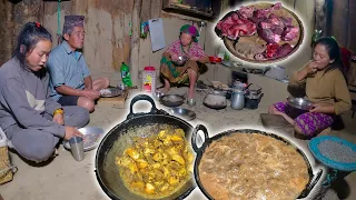 Fresh Buff Meat Recipe and Rice cooking, Eating in Nepali Village kitchen || Village style cooking