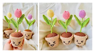 Easy Crochet Mini Tulip Pot Tutorial | Crochet Tulip | Chenda DIY