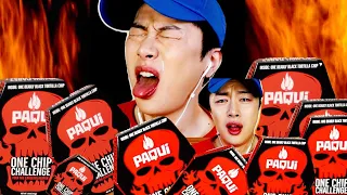 SUB) KOREAN ONE CHIP CHALLENGE 🔥🔥 THE HOTTEST POTATO CHIPS IN THE WORLD! PAQUI CHIPS 😈🔥