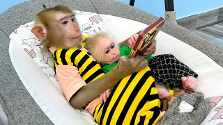Monkey Kaka hugs monkey Mit looks at the phone in the baby's crib