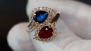 red and blue diamond ring, red diamond teardrop ring, red pear cut diamond ring