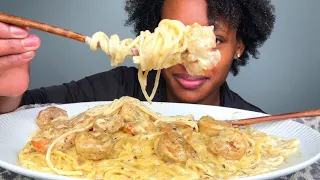 ASMR MUKBANG CREAMY SHRIMP ALFREDO SPAGHETTI PASTA WHISPERING #asmrmukbangviral