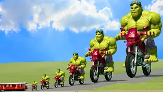 Big & Small Hulk on a motorcycle vs Trains | BeamNG.Drive