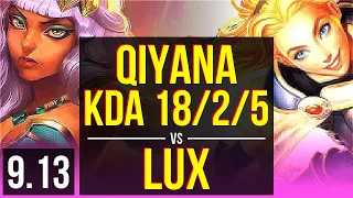 QIYANA vs LUX (MID) | KDA 18/2/5, 8 solo kills, 2 early solo kills, Legendary | Korea Master | v9.13