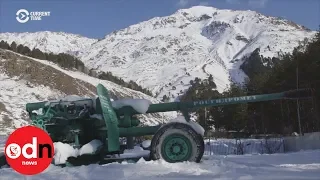 Artillery cannon blasts holes in the snow to prevent avalanches in Russia