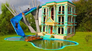 Building Creative A Modern 4-Story Mud Villa, Top Design Water Slide, And Swimming Pool  In Forest