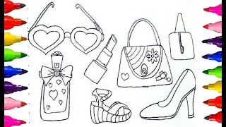 Rainbow Coloring Pages for kids| Female,Girls kit,LIpstick,bag,Shoes,sandals|Learning Fun Art