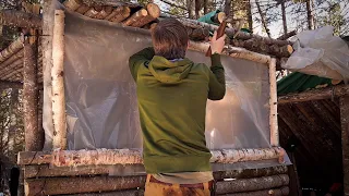 FRAMING A WINDOW WITH BIRCH LOGS at THE FORT IN THE WOODS; SPRING CLEANING, OPENING THE FORT w DOG.