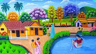 Beautiful Village Landscape Scenery Painting | Indian Village Scenery Painting With Acrylic Color.