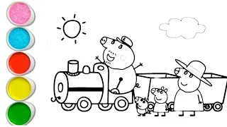 peppa pig and her family train trip drawing and coloring for kids and toddlers