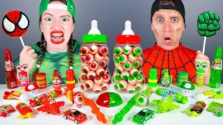 Green Food VS Red Food Challenge 레드 그린 푸드 챌린지 Hulk vs Spiderman Mukbang by KIKIMO