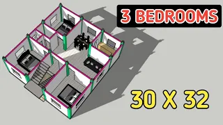 30x32 में 3 बैडरूम का सबसे अच्छा नक्शा || 30x32 house plan || 3 bedrooms house plan || 3d house plan