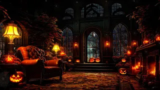 Haunted Luxurious Mansion Halloween Ambience | Rain and Thunderstorm Sounds, Crackling Fireplace