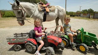 Using tractors and hay to feed horses on the farm | Horses for kids