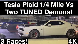 TWO TUNED DEMONS vs Tesla Plaid! 1/4 Mile Action vs 9-second Dodges! Faster than 170s?!? 4K UHD!
