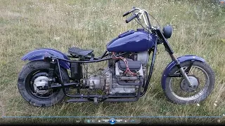 A HOMEMADE motorcycle with a car engine.