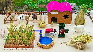 DIY Farm Diorama with cow shed | house of animals | How to grow and harvest rice | woodwork #24