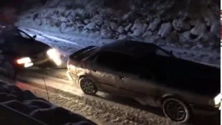 x3 Audi Pulling Truck on Snow