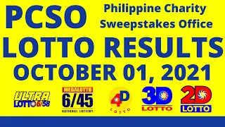 LOTTO RESULTS | OCTOBER 01, 2021 Ultra Lotto 6/58 | Megalotto 6/45 | 4Digit | 3Digit | EZ2 | PCSO