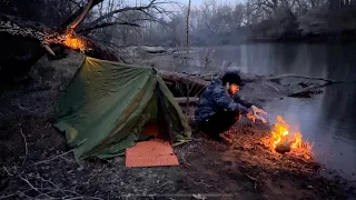 Canoe and Camp with a Birch Split Log Campfire