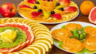 5 platos de frutas para la mesa festiva. Hermosa Fruta Cortada Comida casera!!