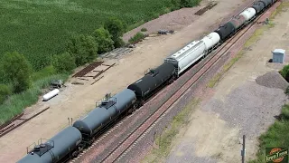 Union Pacific priority, and autorack trains. Mixed freight takes the crossover under the drone!