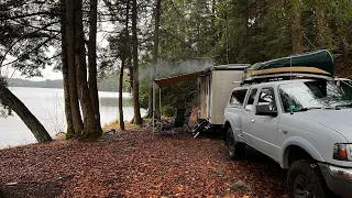 Remote Lakefront in our Cargo Trailer! Good Food, Rain Storm, Woodstove,
