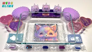 ASMR Cute purple SLIME! Mixing different shiny things into clear slime! Makeup destruction!