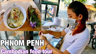 Cambodian food tour, Khmer noodles for $ 1 sold on the street, Phnom Penh walk