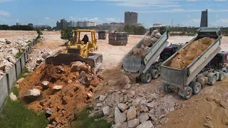 Ep136| Extremely Powerful Dozers With Dump Trucks Filling Up Large Area By Stone And Rocks