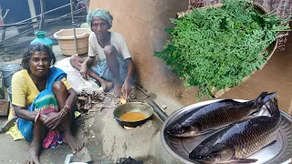 old poor grandma & grandpa cooking FISH CURRY with sojne shak fry || what type food eat rural man