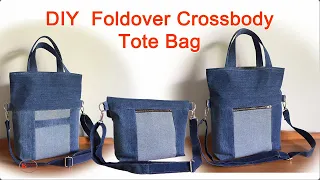 FOLDOVER BAG TUTORIAL | JEANS BAG FROM OLD JEANS | CROSSBODY BAG DIY |TOTE BAG SEWING TUTORIAL