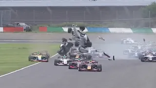 Cars go airborne at Motegi during Round 7 of Super Formula 2023