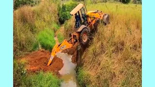 Dangerous Excavator Crossing Fast Current River